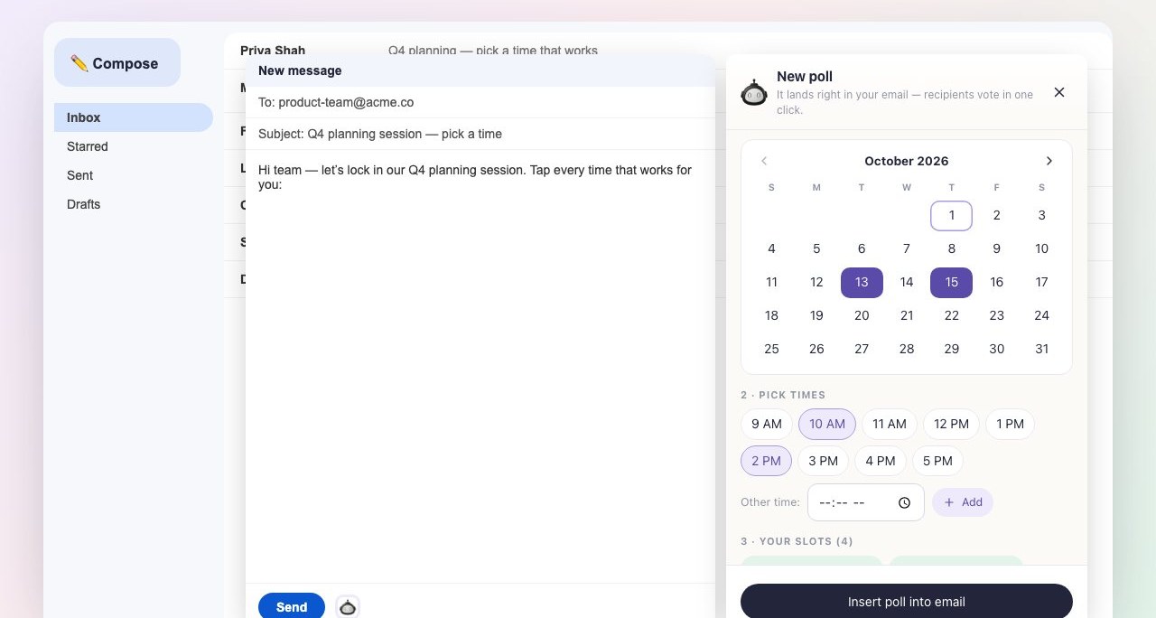 The Polls for Gmail builder open beside a Gmail draft, with a calendar, time slots and a live preview