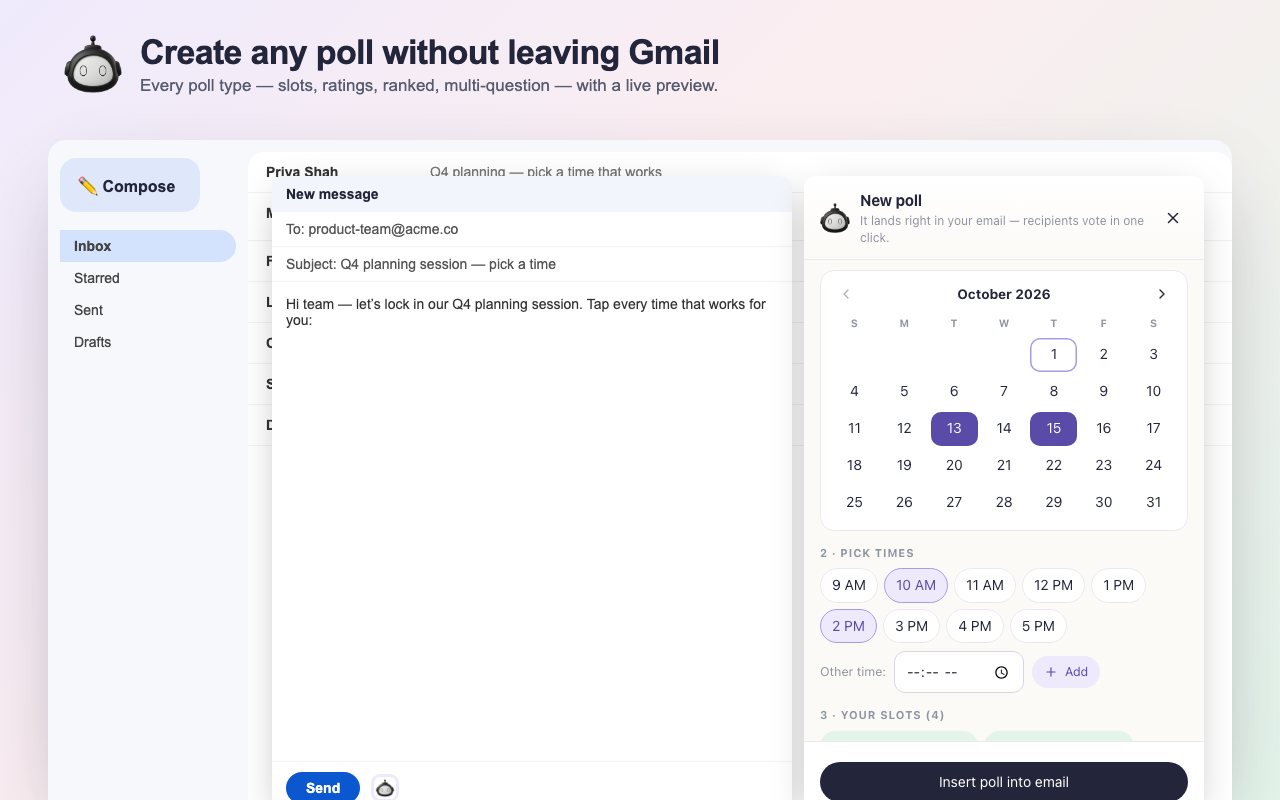 The Polls for Gmail builder opened beside a Gmail compose window, with question types and date and time slots