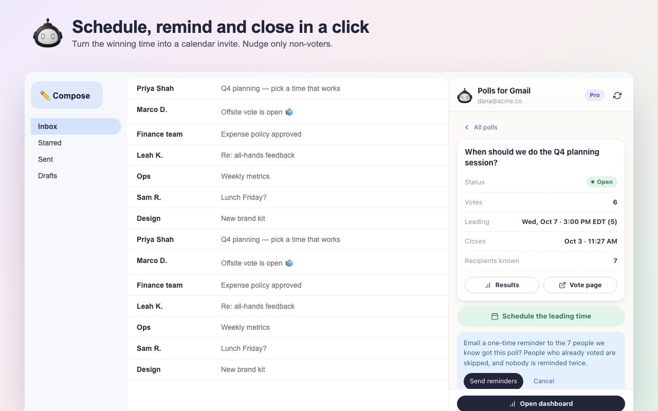 Poll detail in the sidebar with Schedule, Remind non-voters and Close voting