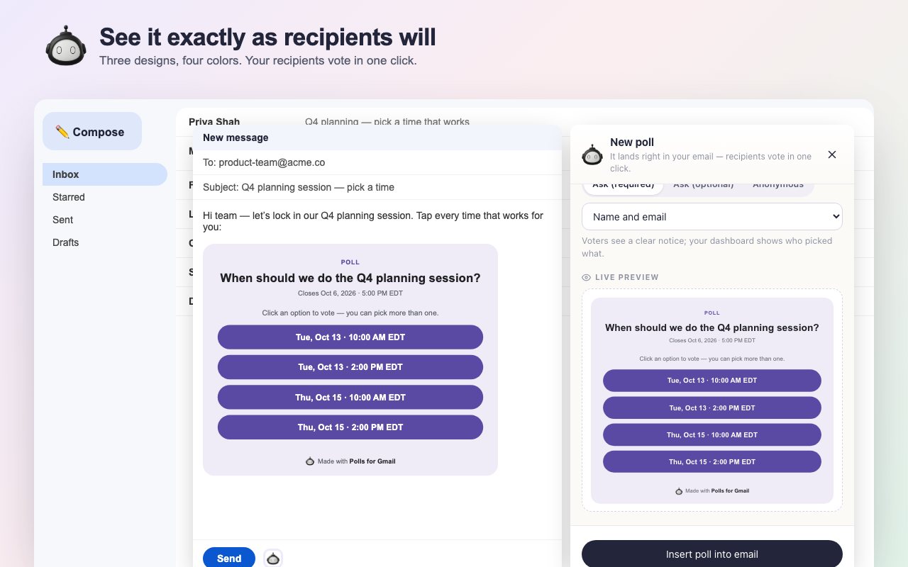 A live preview of the poll card, and the same poll inserted into the email