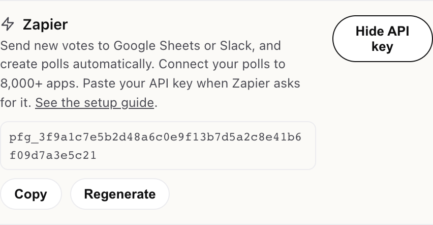 The API key revealed with Copy and Regenerate buttons